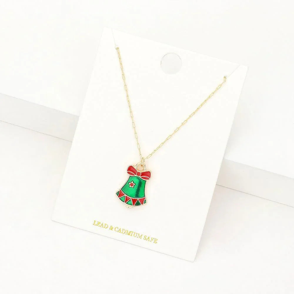 Green Enamel Christmas Bell Pendant Necklace - Jewelry Store by Erik Rayo