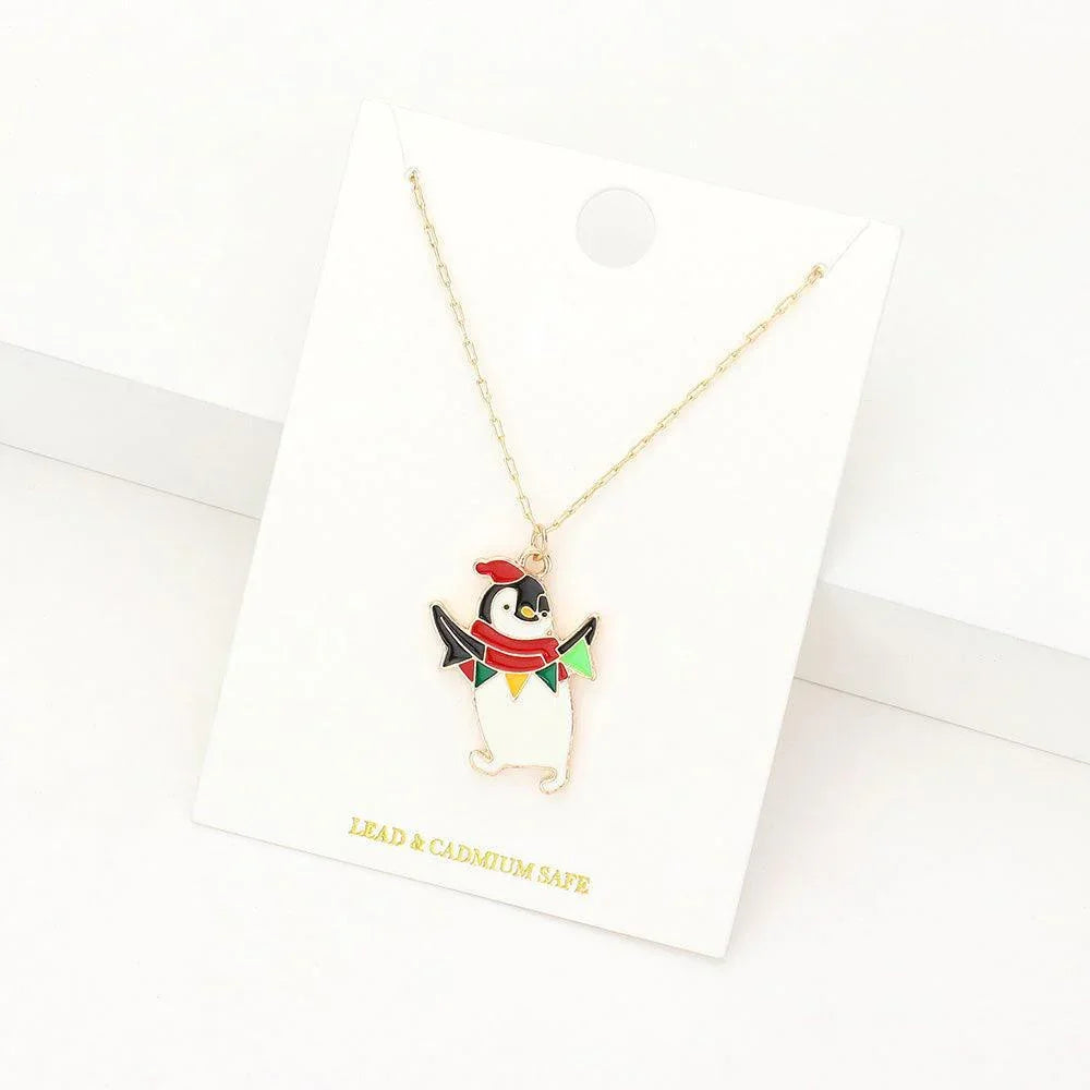 White Enamel Christmas Penguin Pendant Necklace - Jewelry Store by Erik Rayo