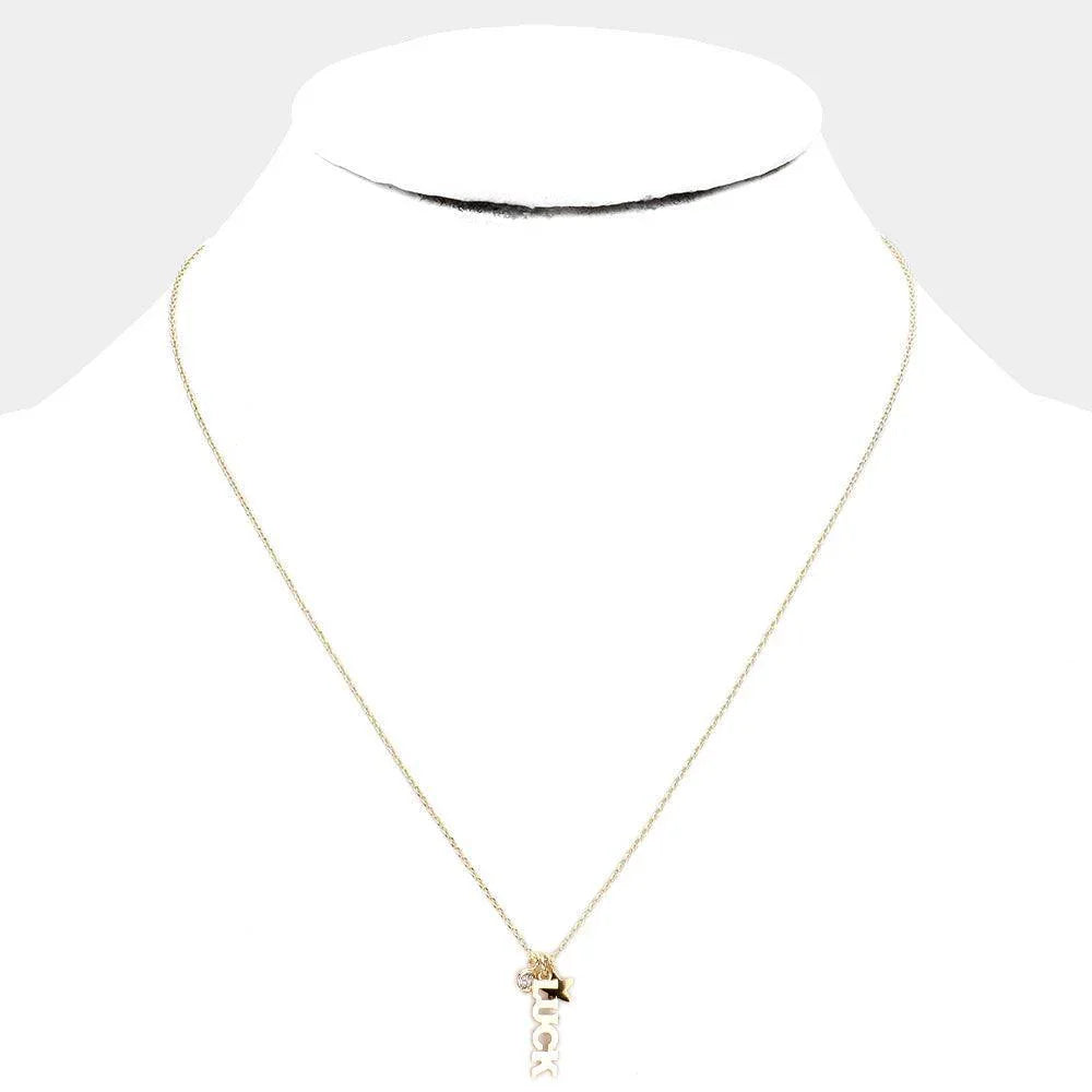 Gold LUCK Brass Metal Star Round Stone Pendant Message Necklace - Jewelry Store by Erik Rayo