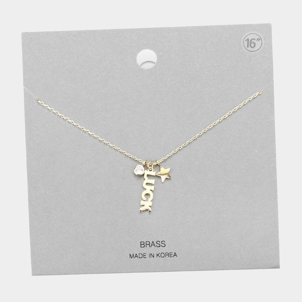 Gold LUCK Brass Metal Star Round Stone Pendant Message Necklace - Jewelry Store by Erik Rayo