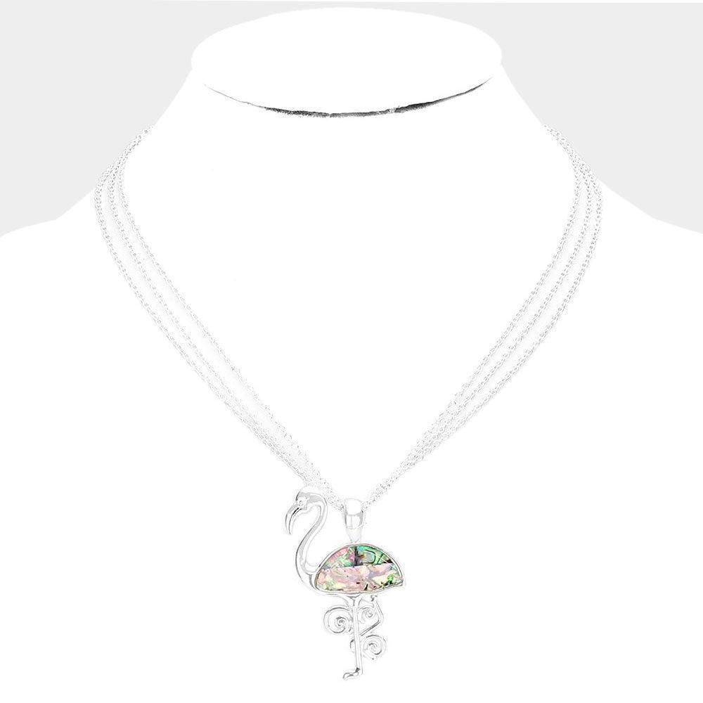 Abalone Metal Flamingo Pendant Triple Chain Layered Necklace - Jewelry Store by Erik Rayo