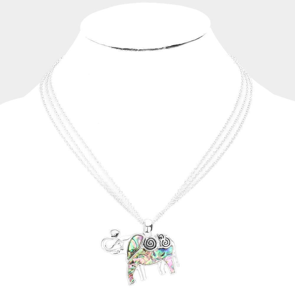 Abalone Metal Elephant Pendant Triple Chain Layered Necklace - Jewelry Store by Erik Rayo