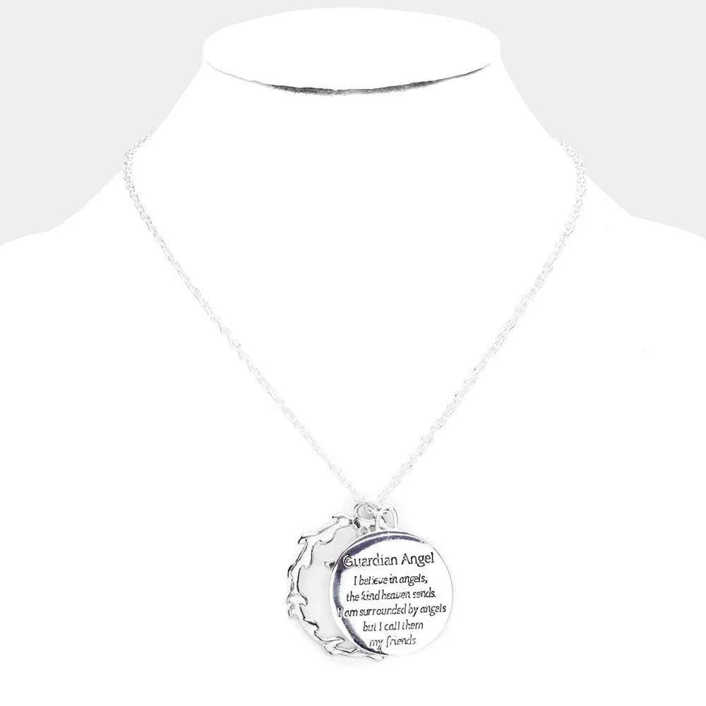 Silver Guardian Angel Metal Leaf Open Circle Message Pendant Necklace - Jewelry Store by Erik Rayo
