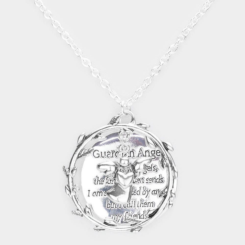 Silver Guardian Angel Metal Leaf Open Circle Message Pendant Necklace - Jewelry Store by Erik Rayo