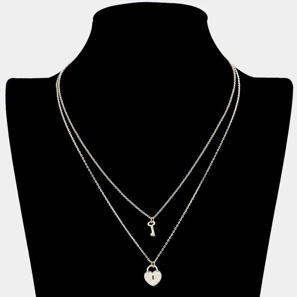 Gold Brass Rhinestone Embellished Metal Heart Lock Key Pendant Double Layered Necklace - Jewelry Store by Erik Rayo