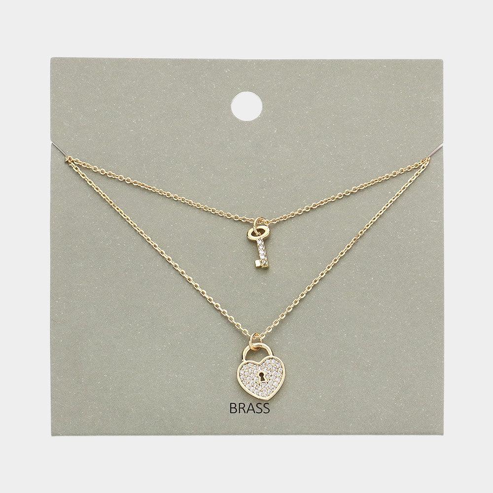 Gold Brass Rhinestone Embellished Metal Heart Lock Key Pendant Double Layered Necklace - Jewelry Store by Erik Rayo