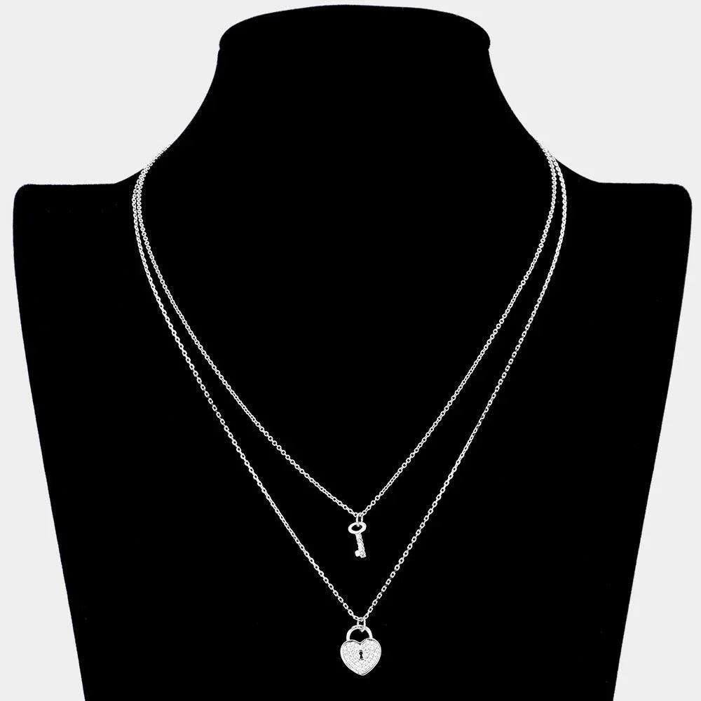 Brass Rhinestone Embellished Metal Heart Lock Key Pendant Double Layered Necklace - Jewelry Store by Erik Rayo
