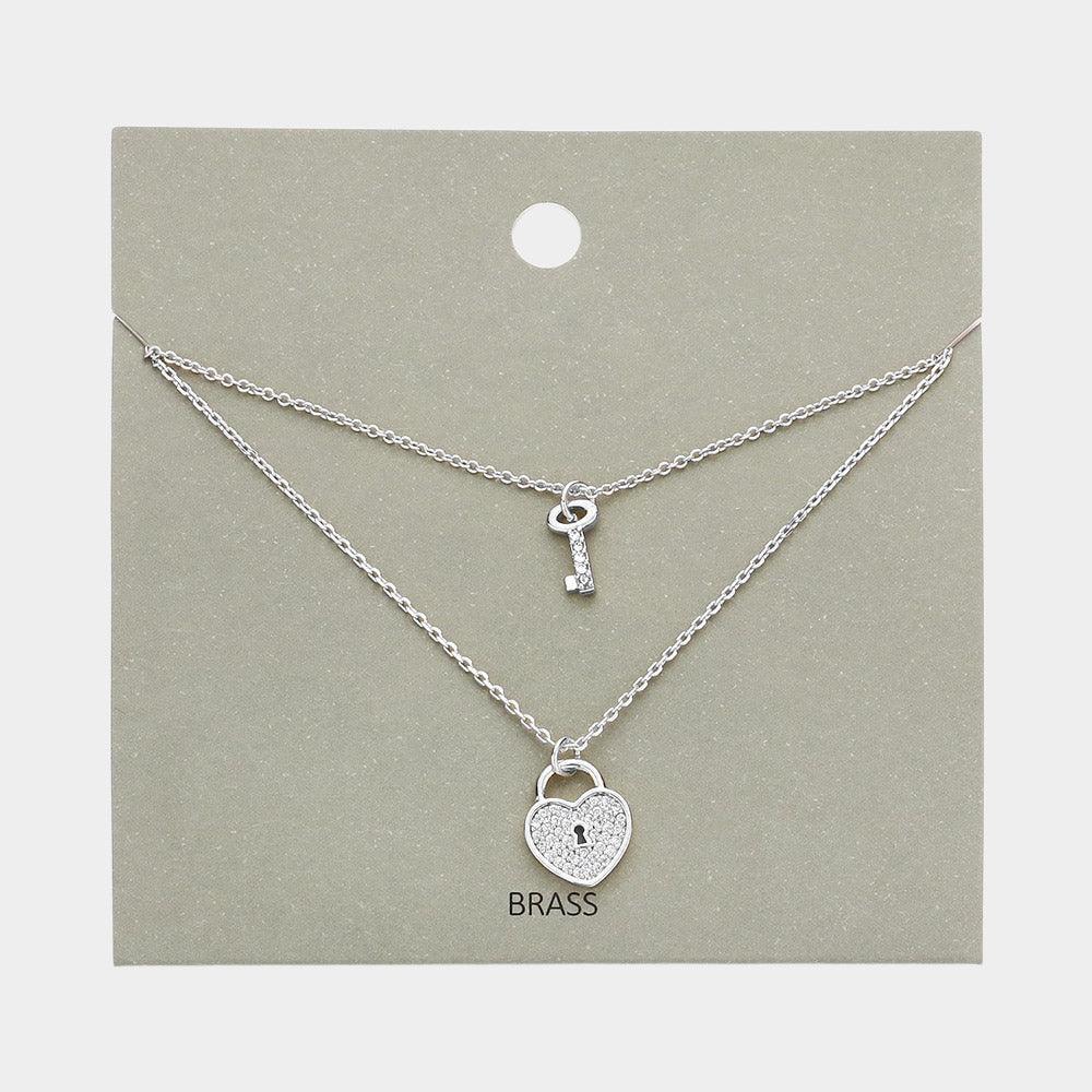 Brass Rhinestone Embellished Metal Heart Lock Key Pendant Double Layered Necklace - Jewelry Store by Erik Rayo