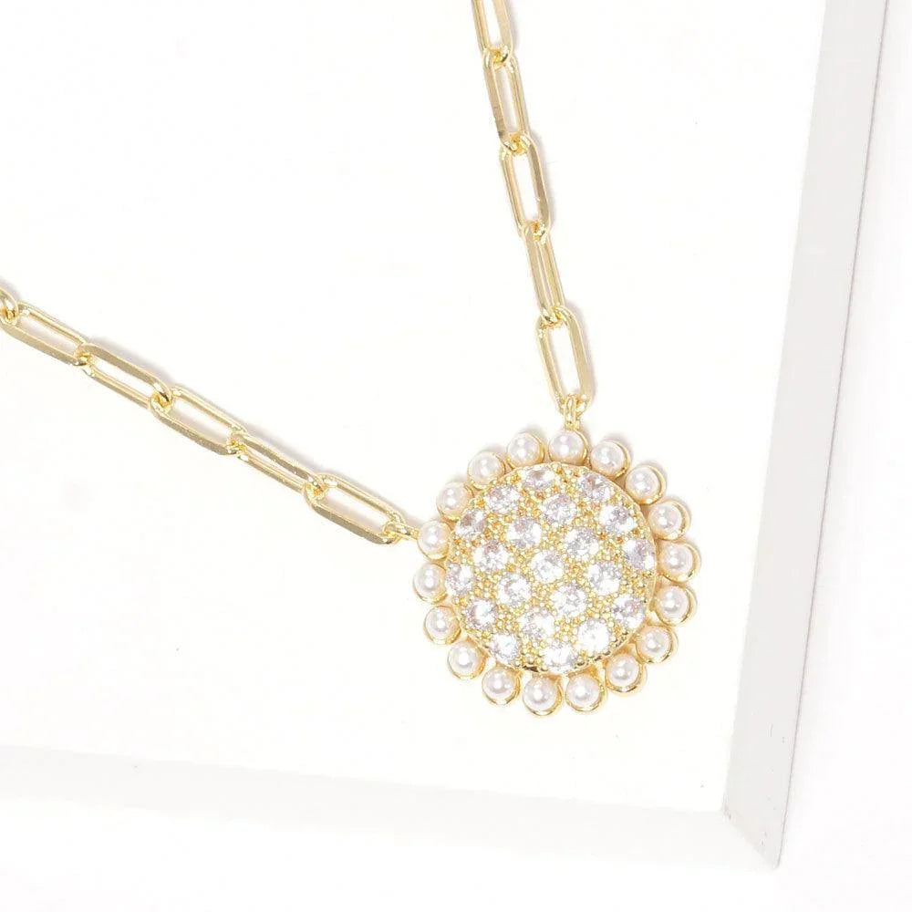 Gold Gold Dipped CZ Stone Pearl Round Pendant Necklace - Jewelry Store by Erik Rayo