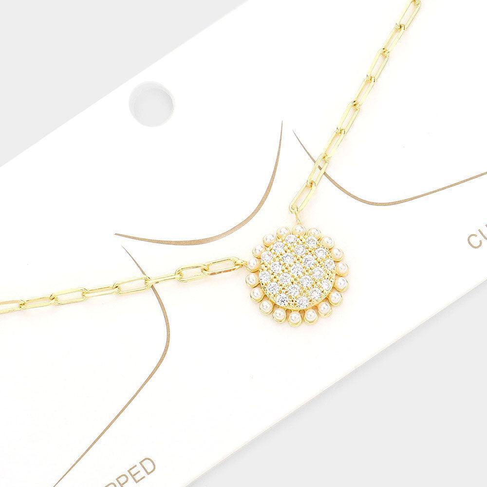 Gold Gold Dipped CZ Stone Pearl Round Pendant Necklace - Jewelry Store by Erik Rayo