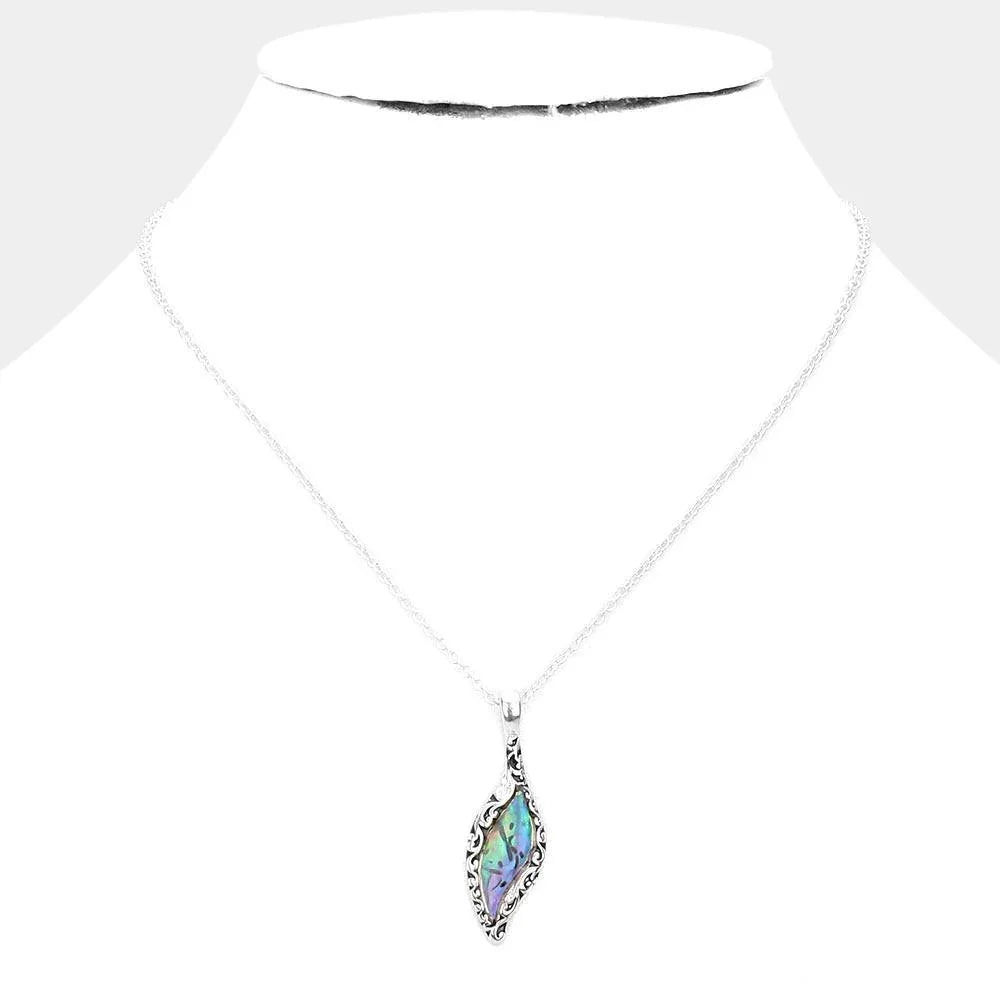 Abalone Centered Embossed Metal Petal Pendant Necklace - Jewelry Store by Erik Rayo