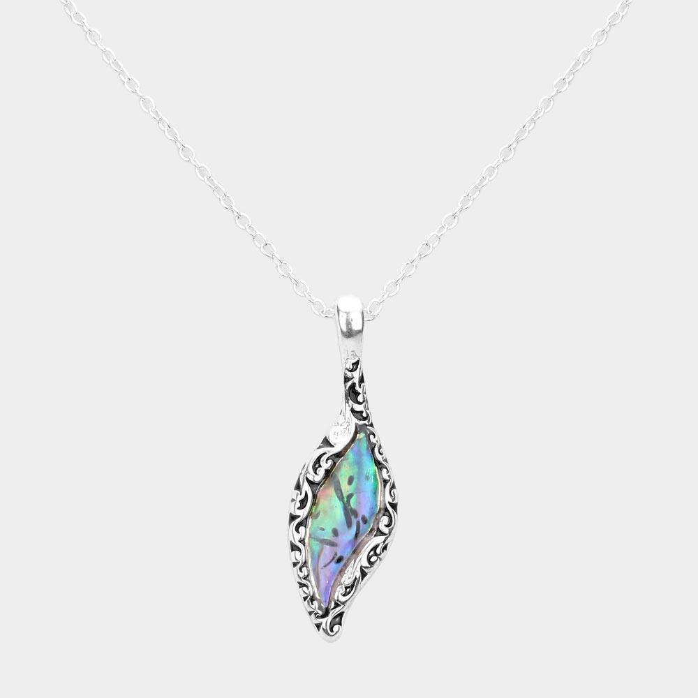 Abalone Centered Embossed Metal Petal Pendant Necklace - Jewelry Store by Erik Rayo