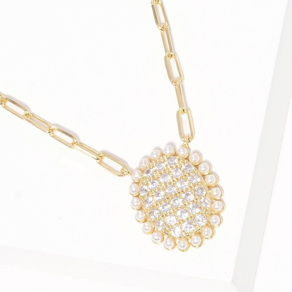 Gold Gold Dipped CZ Stone Pearl Oval Pendant Necklace - Jewelry Store by Erik Rayo