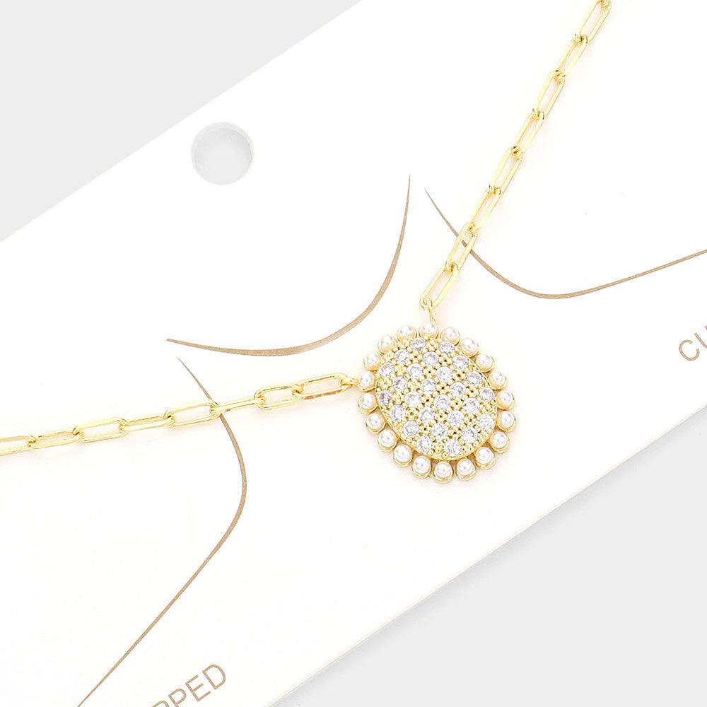 Gold Gold Dipped CZ Stone Pearl Oval Pendant Necklace