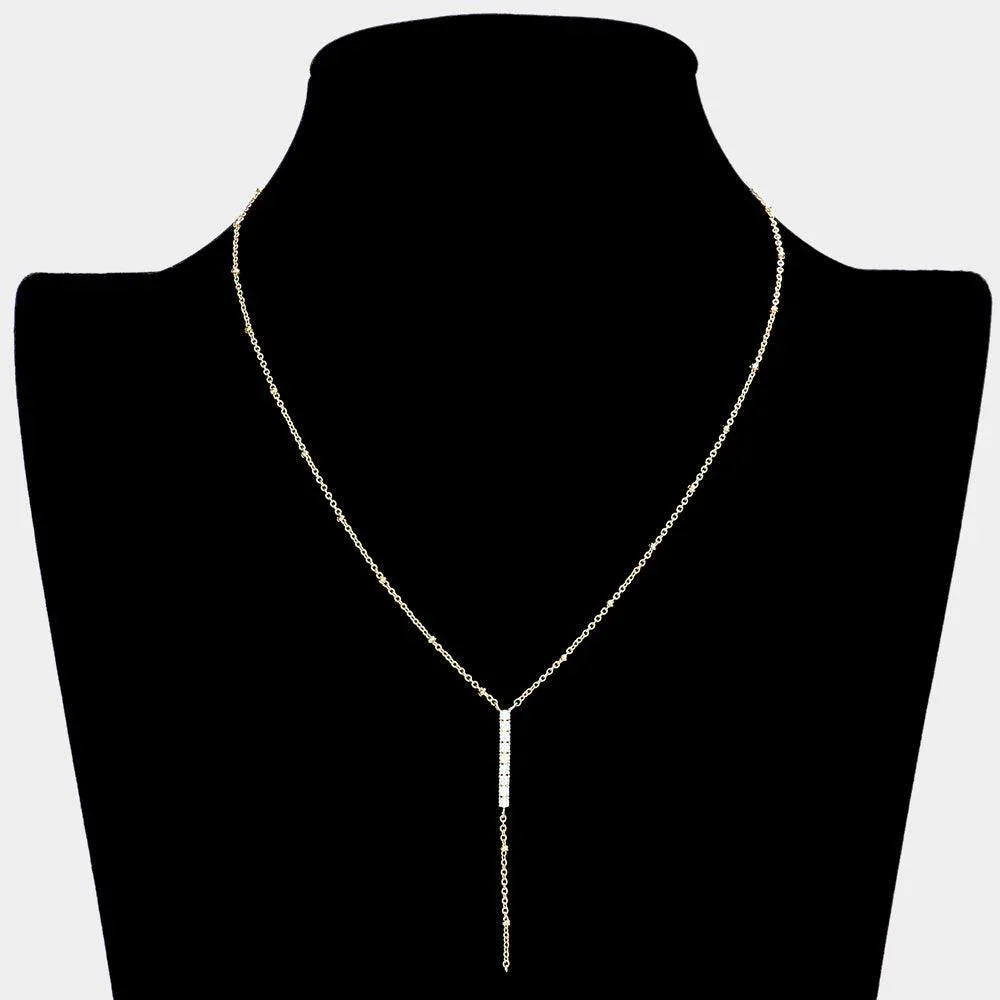 Gold Brass Metal Rhinestone Embellished Bar Pendant Y Necklace - Jewelry Store by Erik Rayo