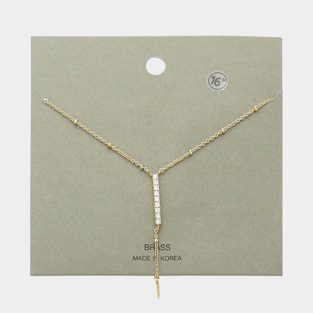 Gold Brass Metal Rhinestone Embellished Bar Pendant Y Necklace - Jewelry Store by Erik Rayo