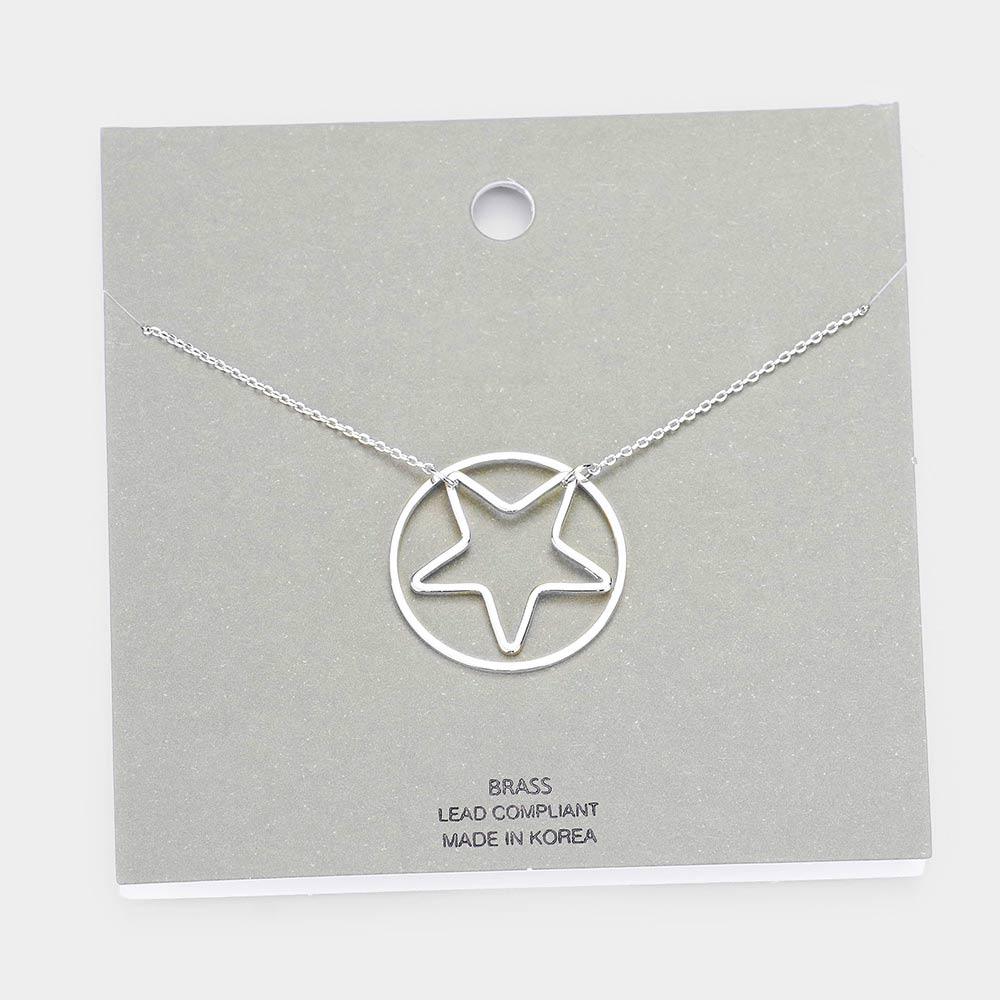 Brass Metal Open Circle Star Pendant Necklace