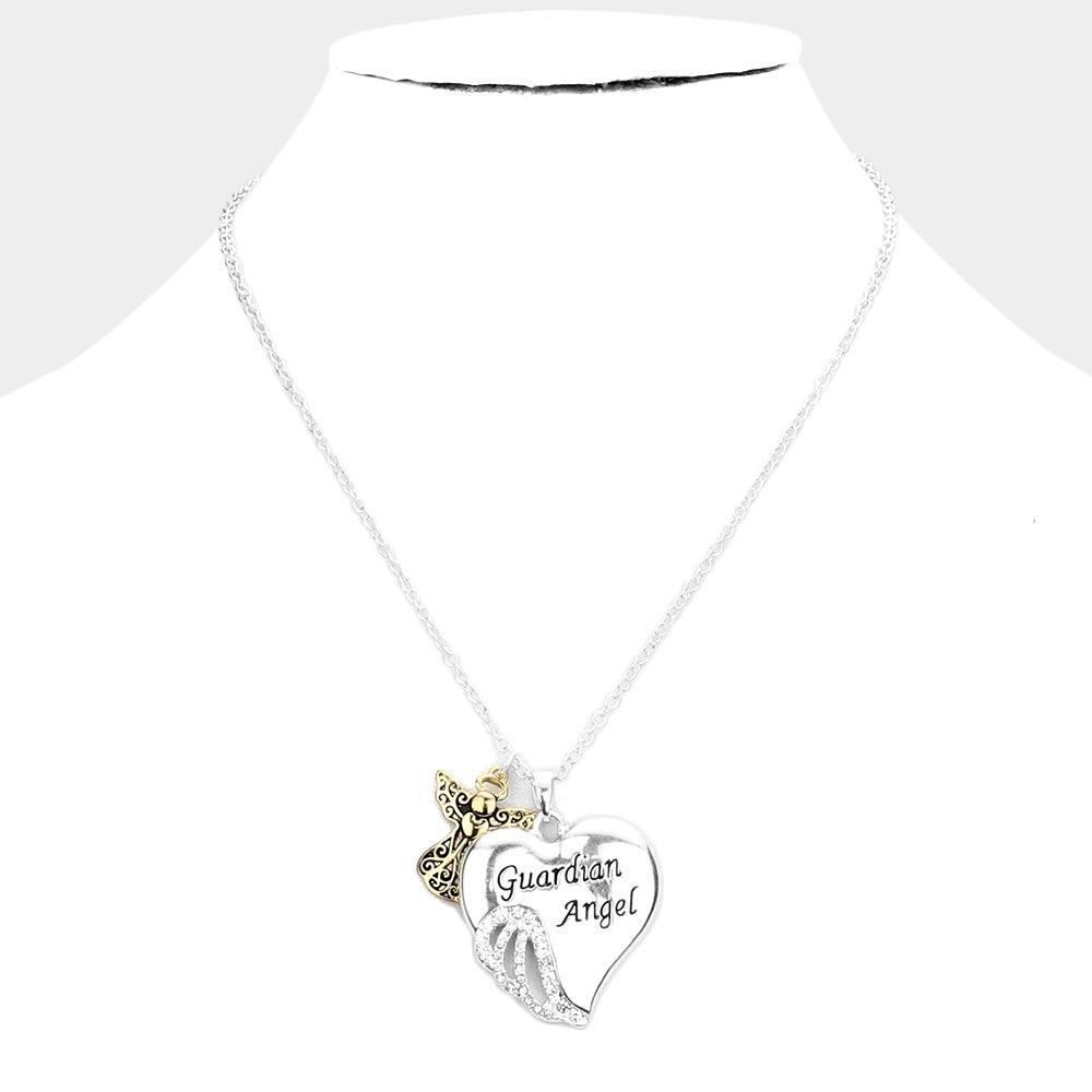 Two Tone Guardian Angel Rhinestone Embellished Heart Pendant Necklace - Jewelry Store by Erik Rayo