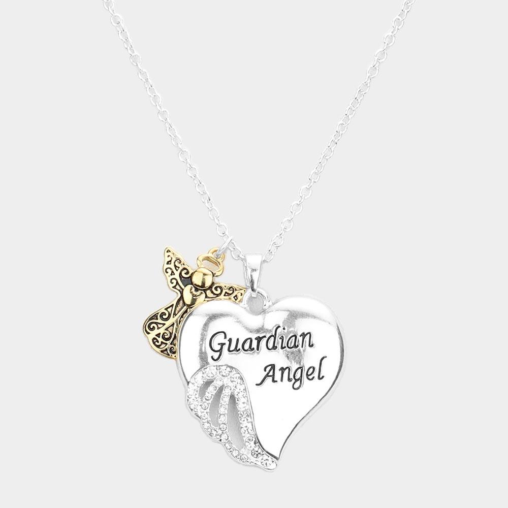 Two Tone Guardian Angel Rhinestone Embellished Heart Pendant Necklace - Jewelry Store by Erik Rayo