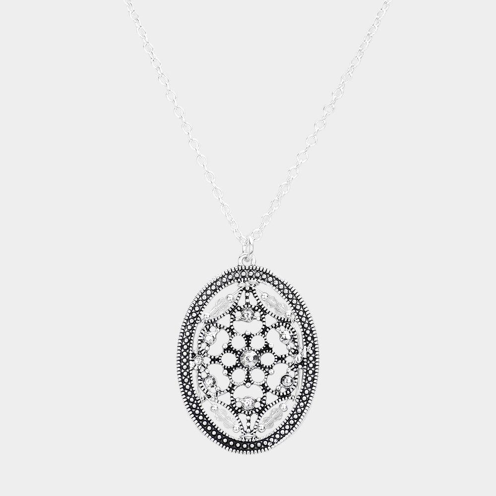 Silver Bead Embellished Antique Metal Oval Pendant Necklace