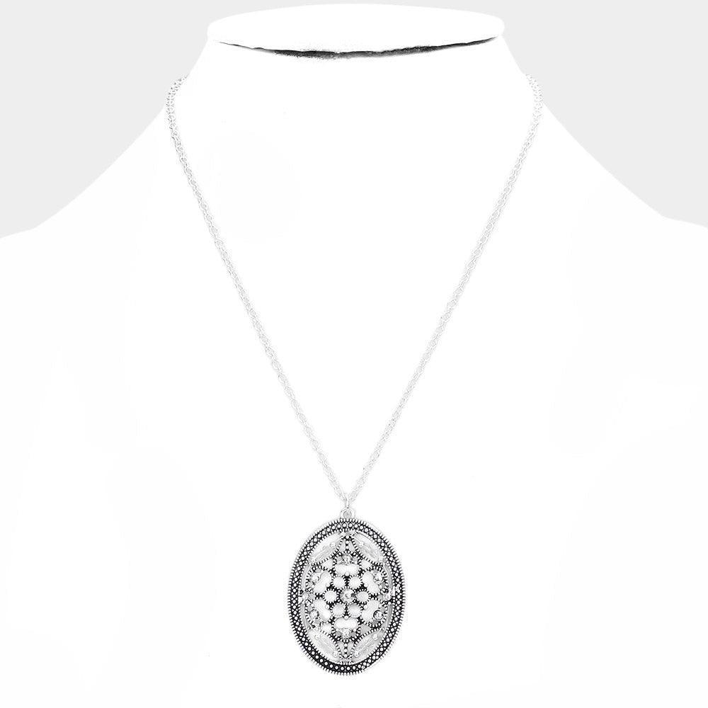 Silver Bead Embellished Antique Metal Oval Pendant Necklace - Jewelry Store by Erik Rayo