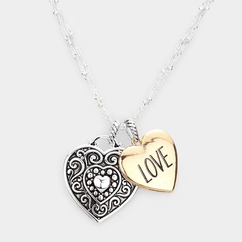 Two Tone LOVE Antique Metal Heart Pendant Necklace - Jewelry Store by Erik Rayo