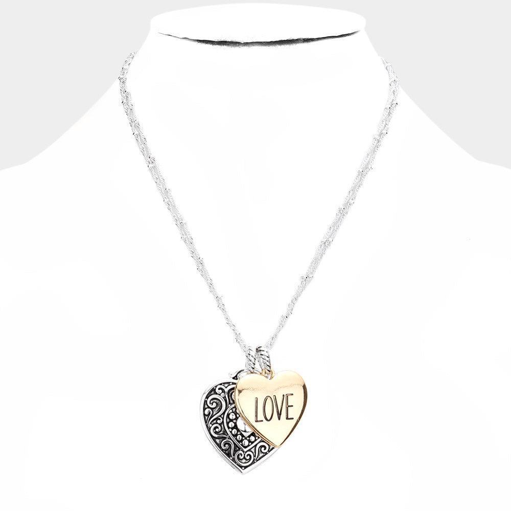 Two Tone LOVE Antique Metal Heart Pendant Necklace - Jewelry Store by Erik Rayo