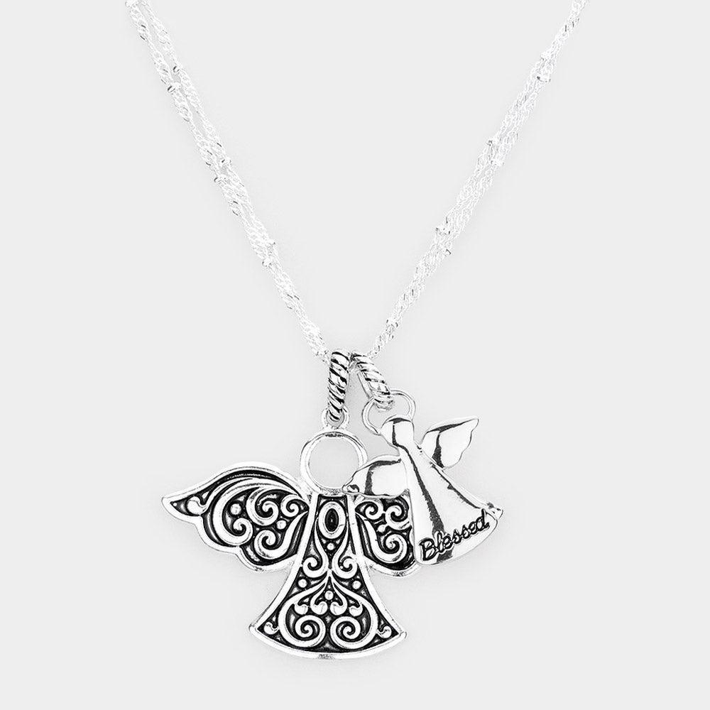 Silver Blessed Antique Metal Angel Pendant Necklace - Jewelry Store by Erik Rayo