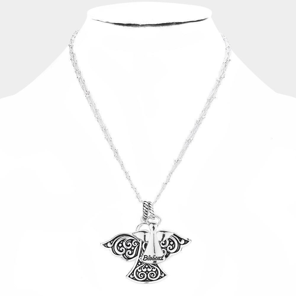 Silver Blessed Antique Metal Angel Pendant Necklace - Jewelry Store by Erik Rayo