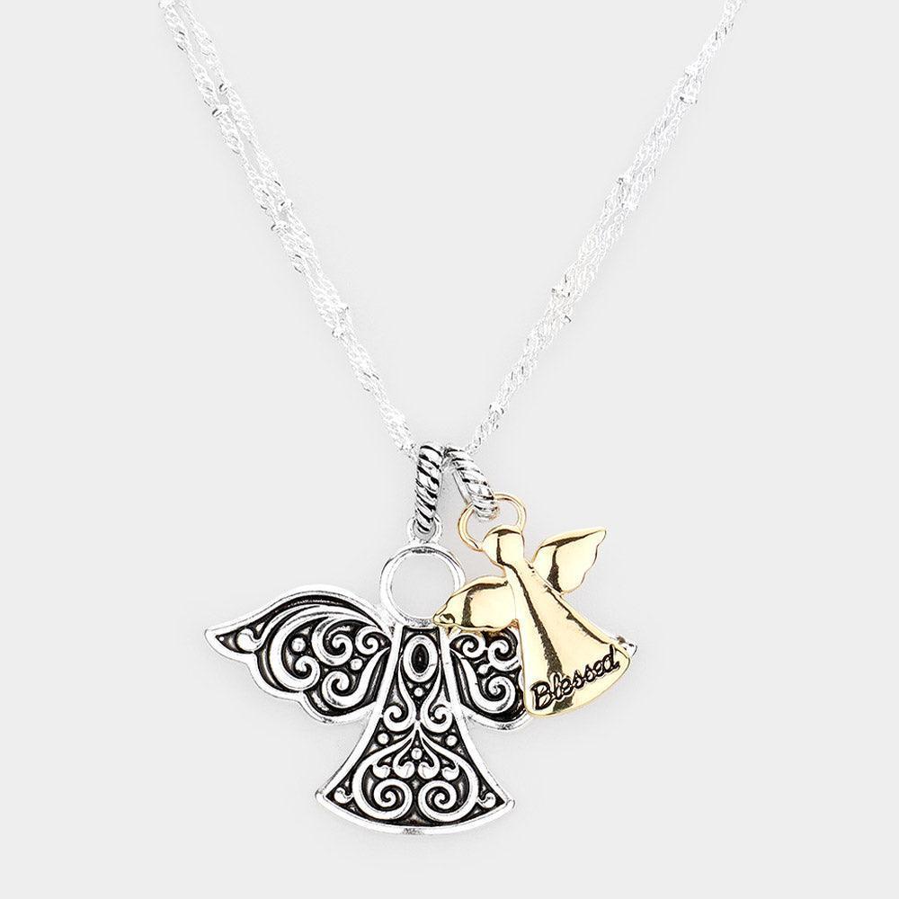 Two Tone Blessed Antique Metal Angel Pendant Necklace - Jewelry Store by Erik Rayo