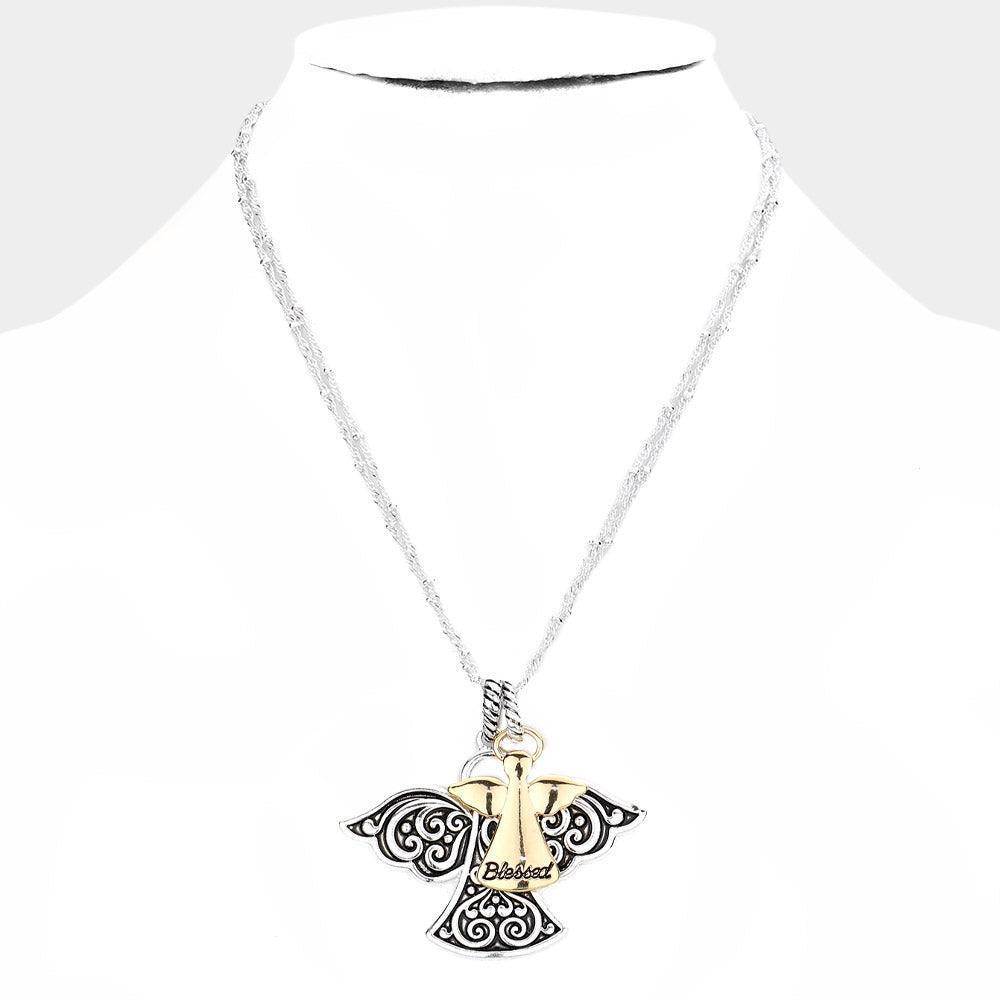 Two Tone Blessed Antique Metal Angel Pendant Necklace - Jewelry Store by Erik Rayo