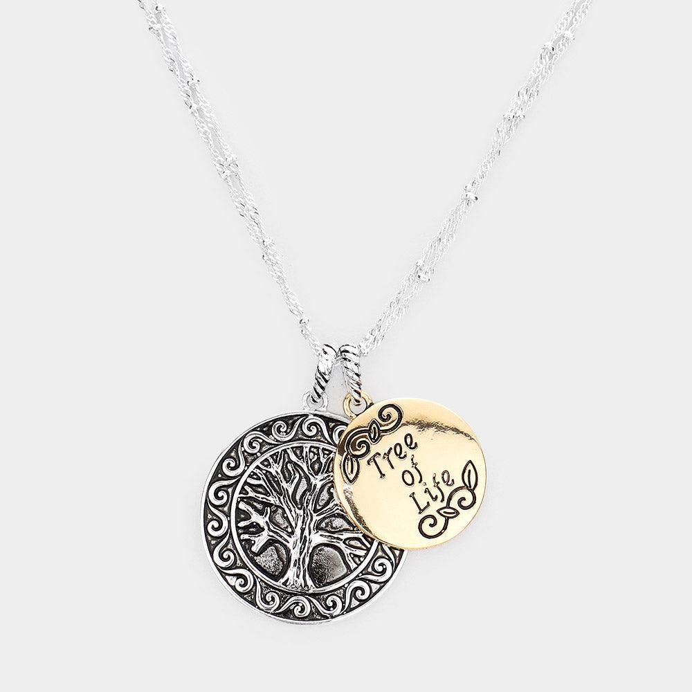Two Tone Tree of Life Antique Metal Round Pendant Necklace - Jewelry Store by Erik Rayo