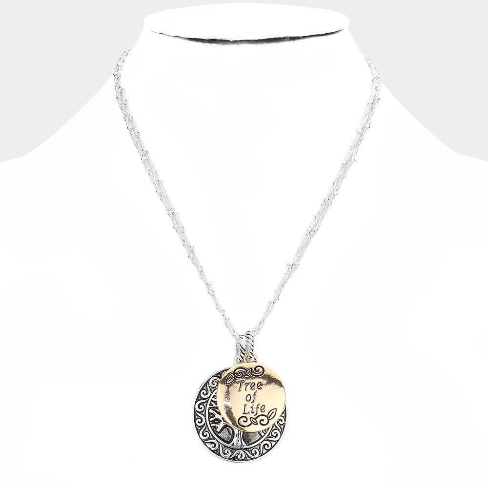 Two Tone Tree of Life Antique Metal Round Pendant Necklace - Jewelry Store by Erik Rayo