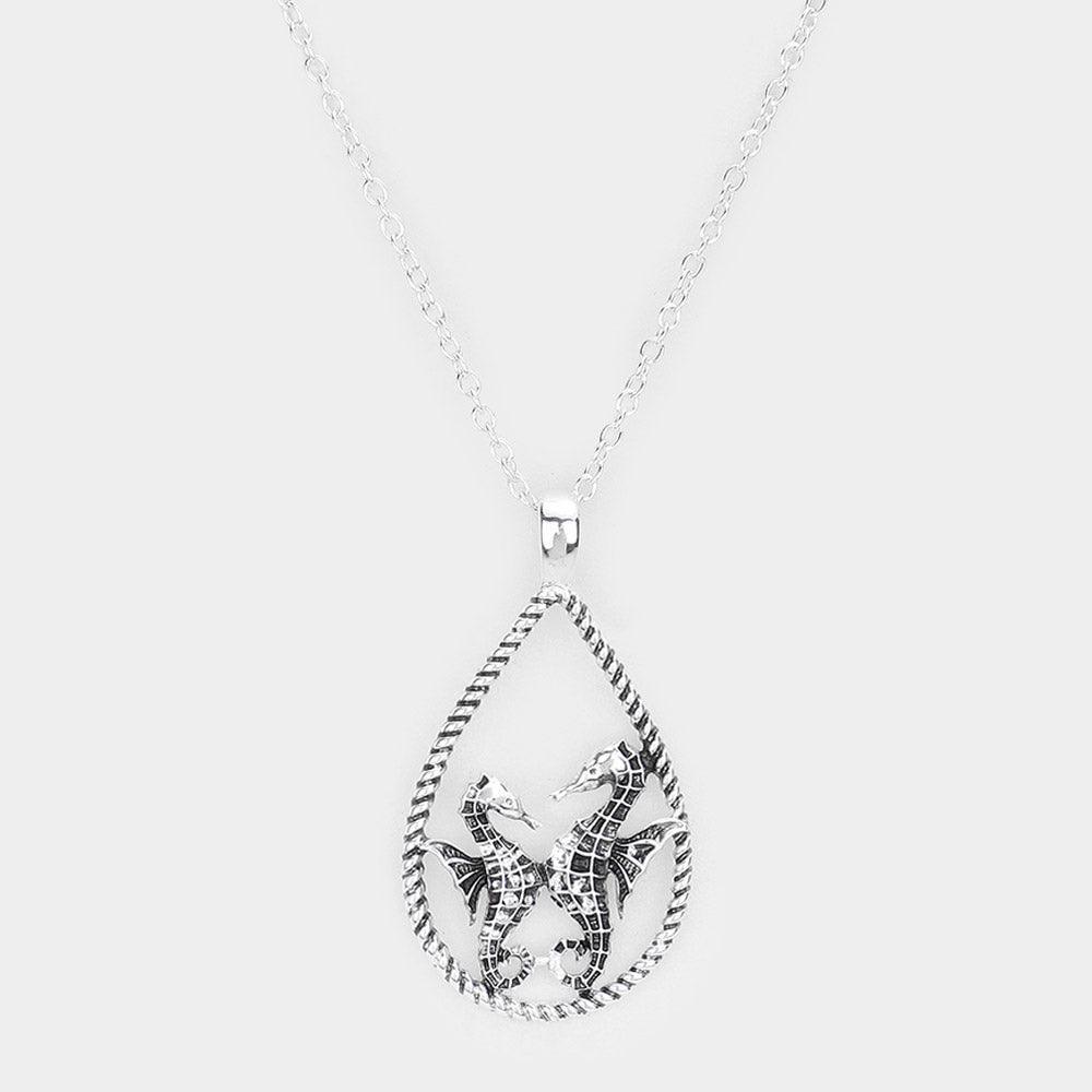 Silver Seahorse Accented Open Teardrop Pendant Necklace - Jewelry Store by Erik Rayo