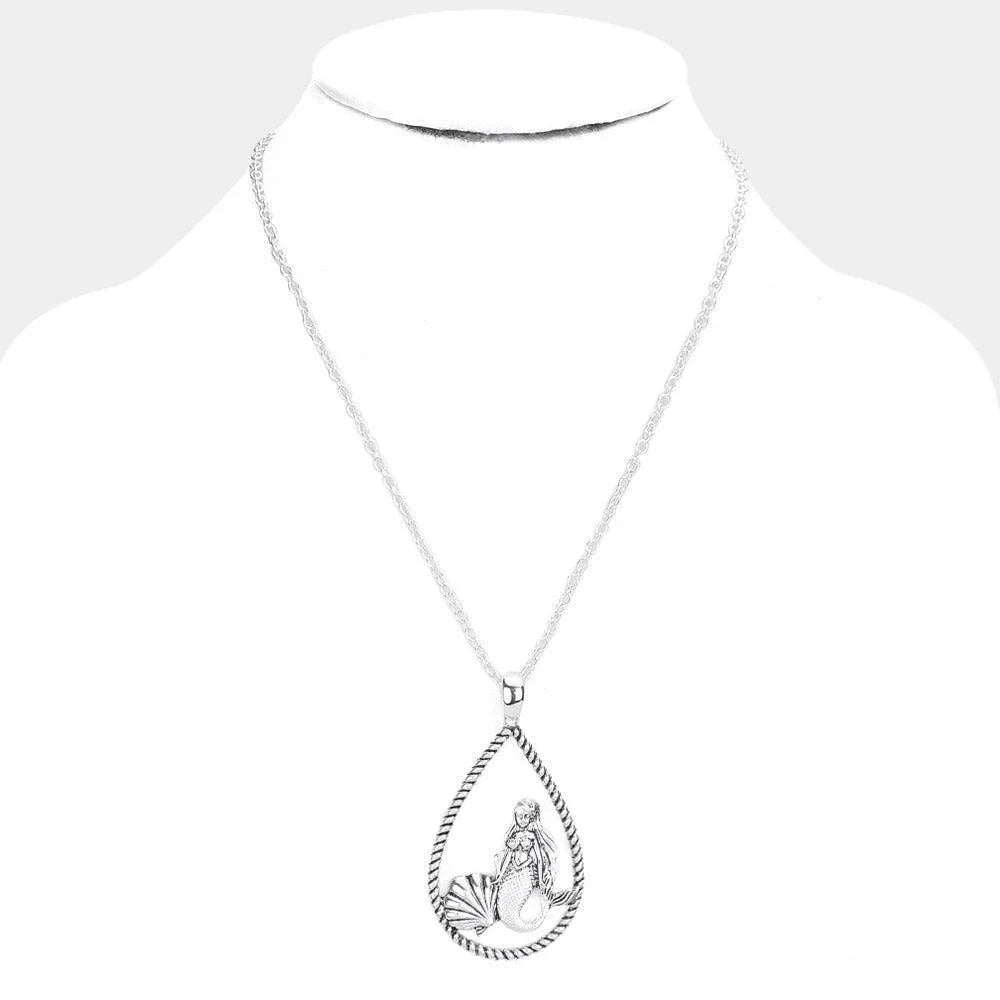 Silver Mermaid Shell Accented Open Teardrop Pendant Necklace - Jewelry Store by Erik Rayo
