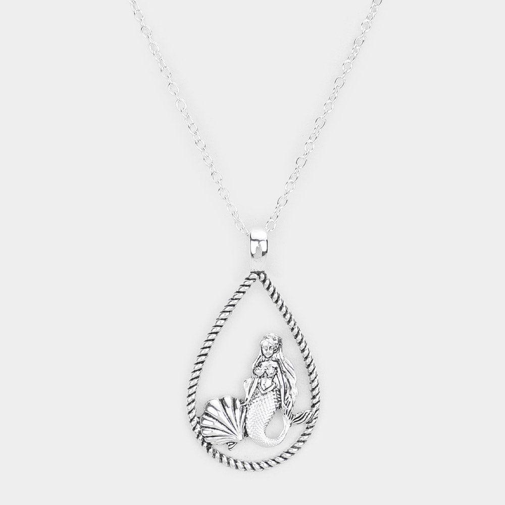 Silver Mermaid Shell Accented Open Teardrop Pendant Necklace - Jewelry Store by Erik Rayo