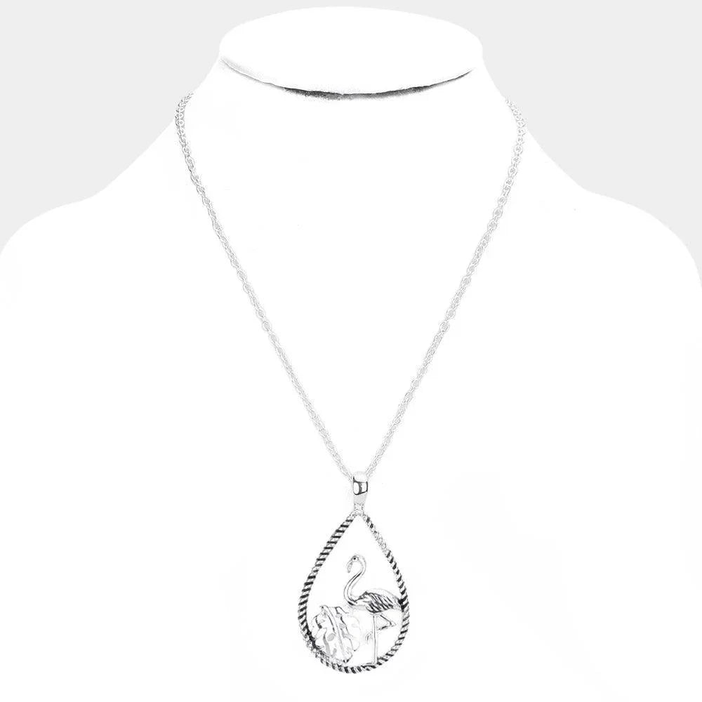 Silver Flamingo Tropical Leaf Accented Open Teardrop Pendant Necklace - Jewelry Store by Erik Rayo