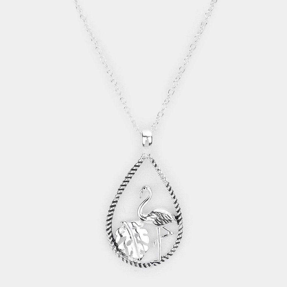Silver Flamingo Tropical Leaf Accented Open Teardrop Pendant Necklace - Jewelry Store by Erik Rayo