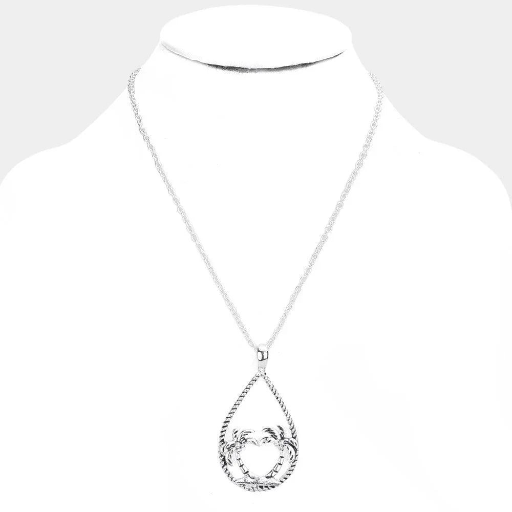Silver Palm Tree Accented Open Teardrop Pendant Necklace - Jewelry Store by Erik Rayo