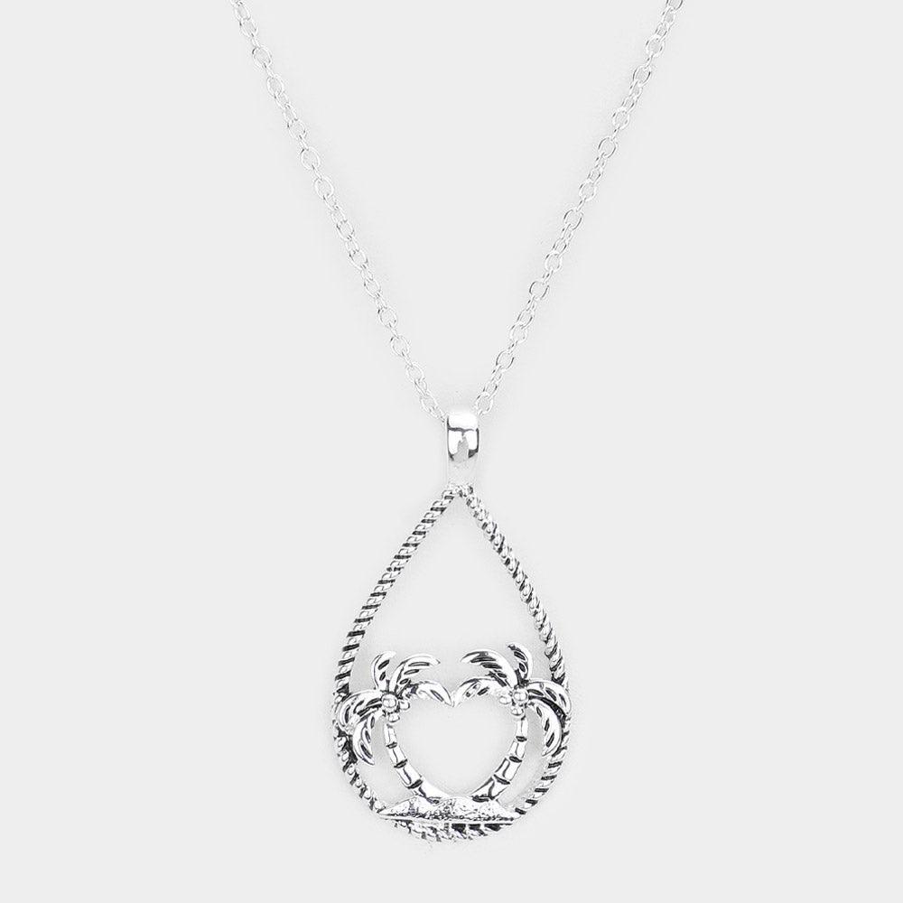 Silver Palm Tree Accented Open Teardrop Pendant Necklace - Jewelry Store by Erik Rayo