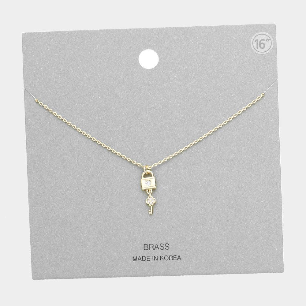 Gold Brass Metal Key Lock Pendant Necklace