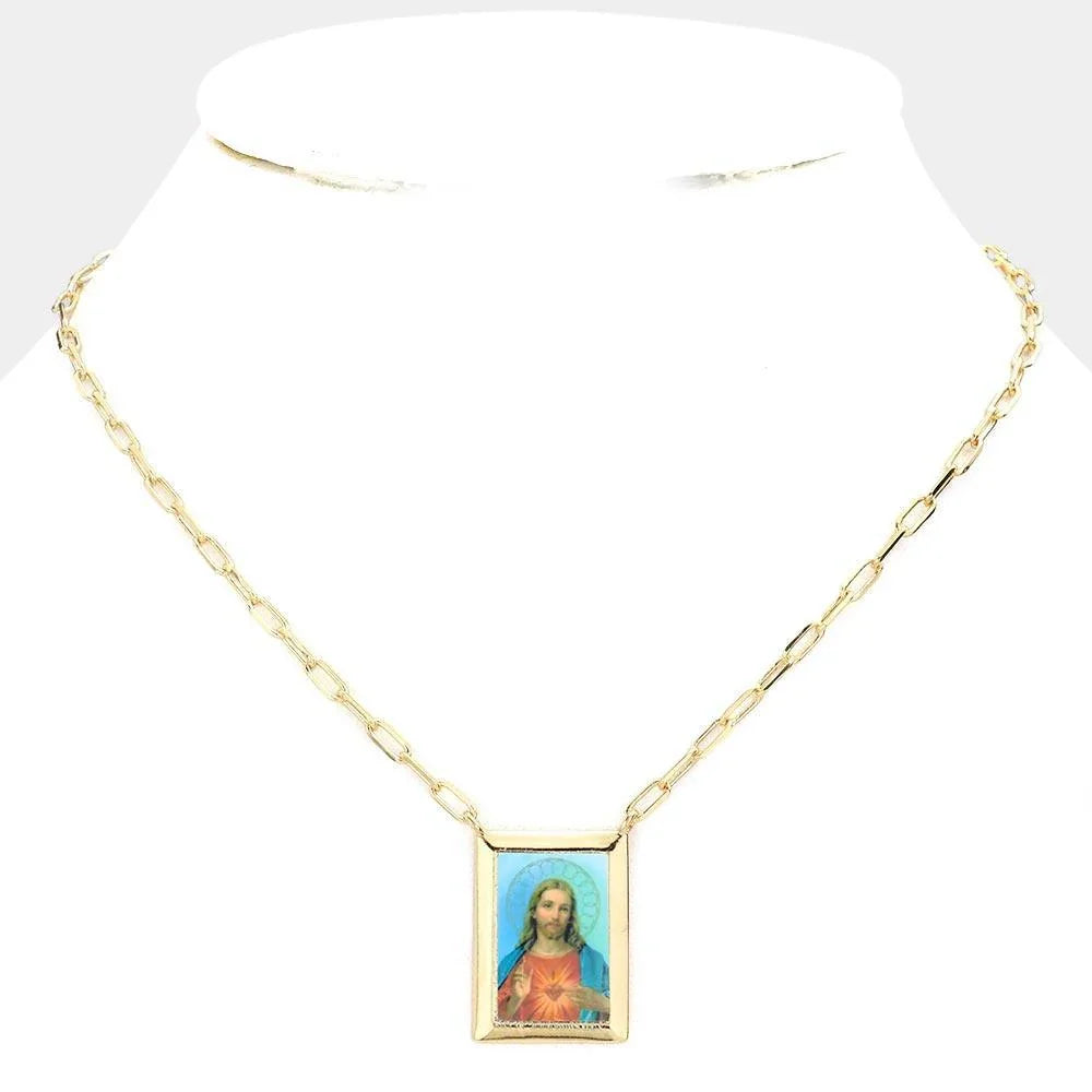 Gold Gold Dipped Brass Metal Sacred Heart of Jesus Pendant Necklace - Jewelry Store by Erik Rayo