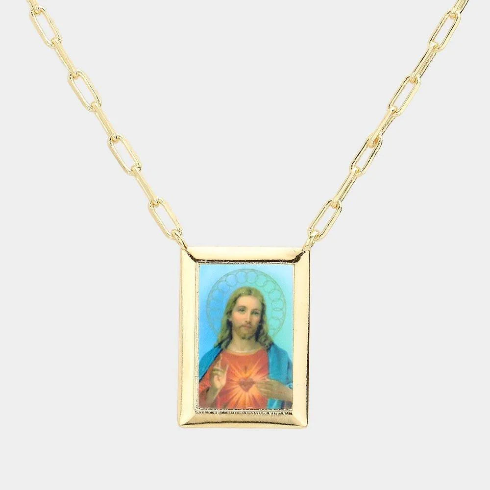 Gold Gold Dipped Brass Metal Sacred Heart of Jesus Pendant Necklace - Jewelry Store by Erik Rayo