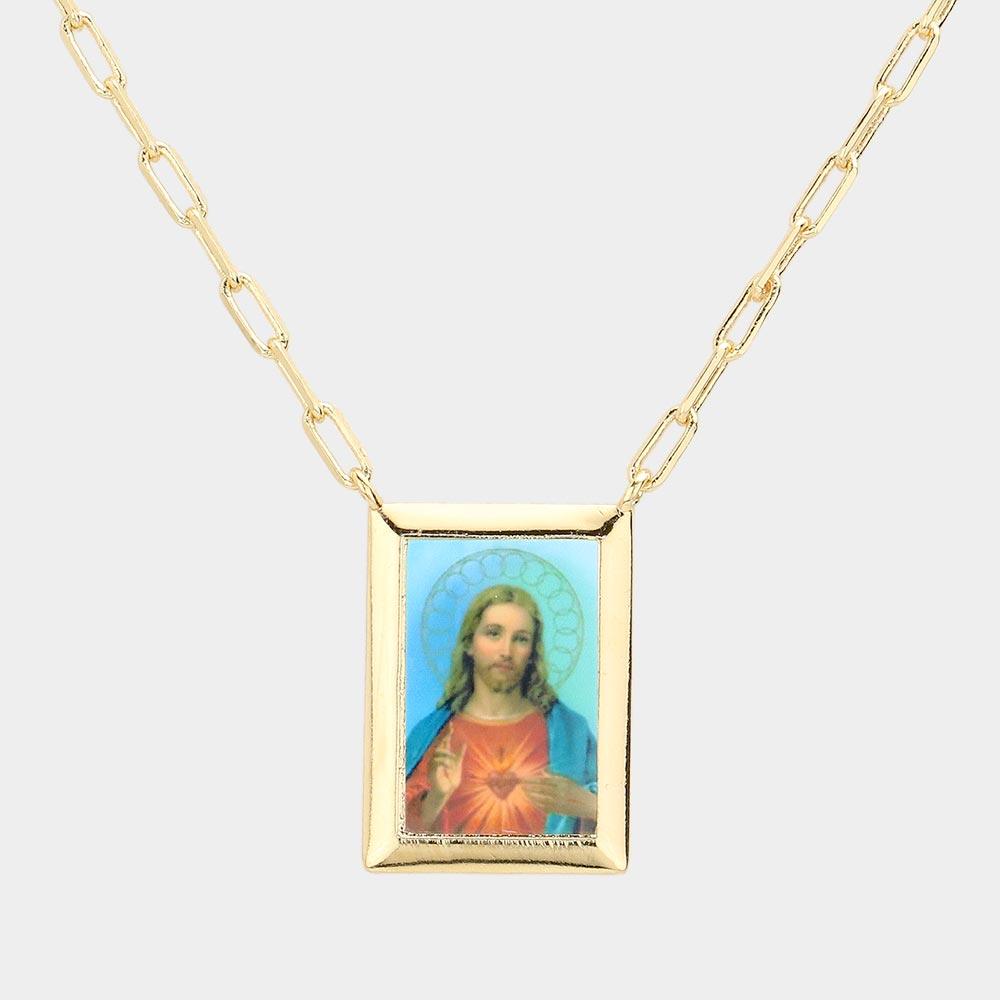 Gold Gold Dipped Brass Metal Sacred Heart of Jesus Pendant Necklace