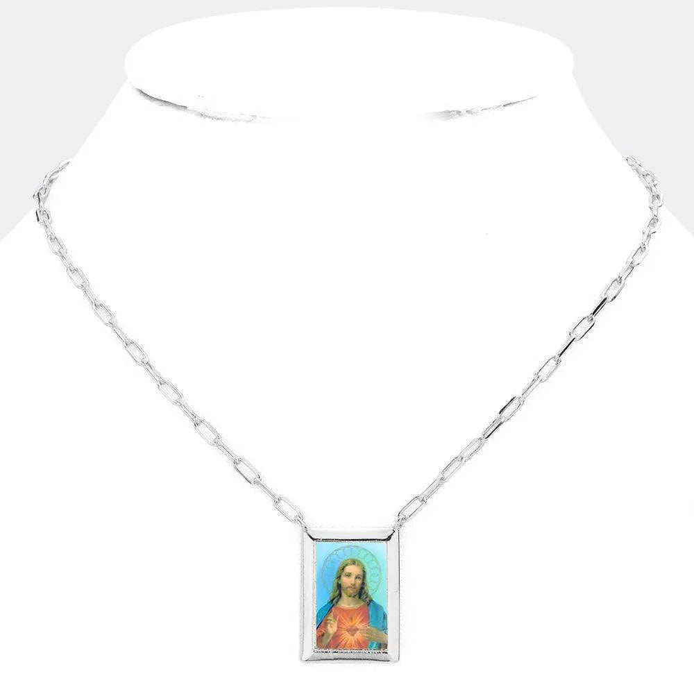 Gold White Gold Dipped Brass Metal Sacred Heart of Jesus Pendant Necklace - Jewelry Store by Erik Rayo