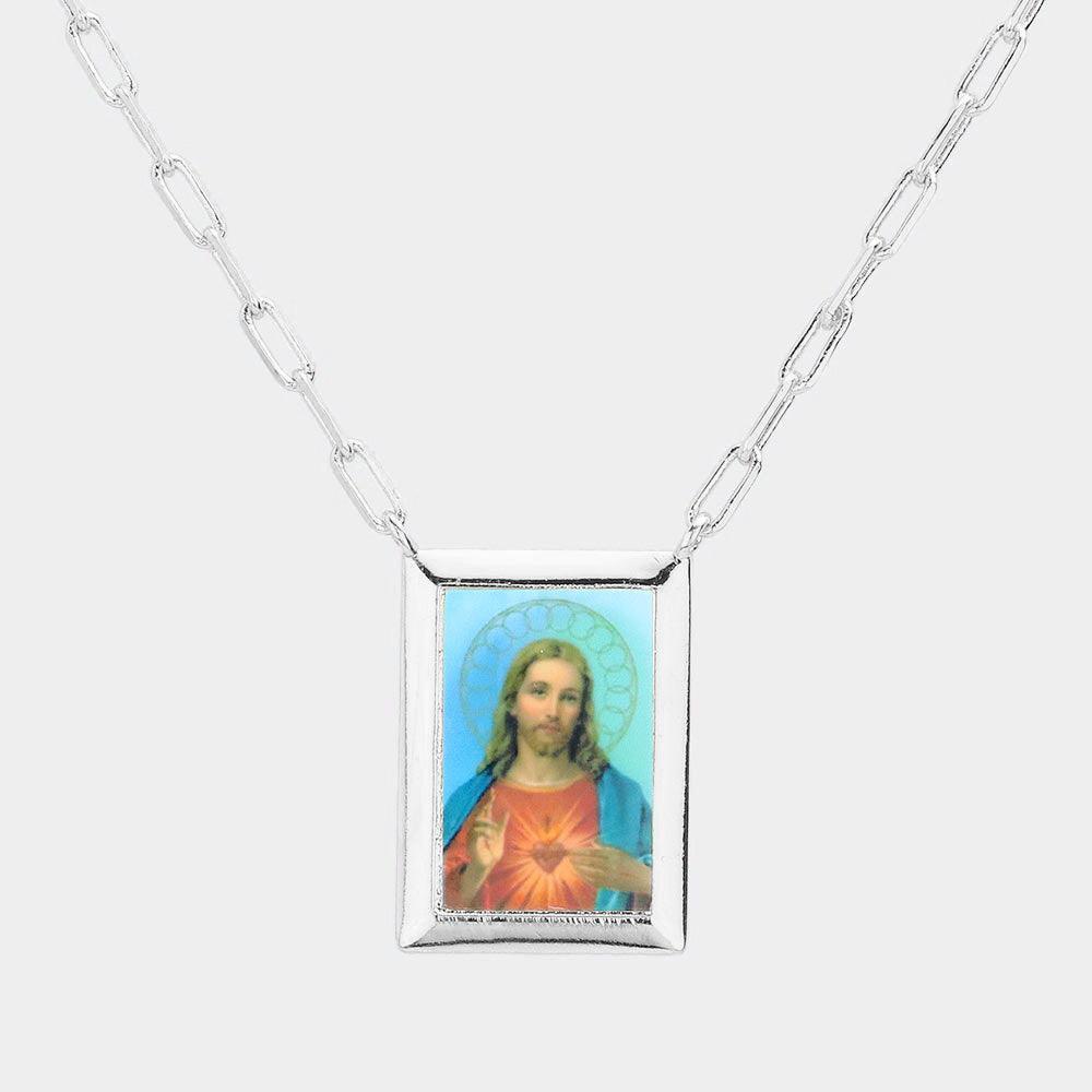Gold White Gold Dipped Brass Metal Sacred Heart of Jesus Pendant Necklace - Jewelry Store by Erik Rayo