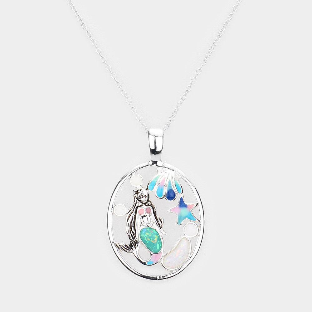 Glittered Mermaid Shell Starfish Accented Oval Pendant Necklace