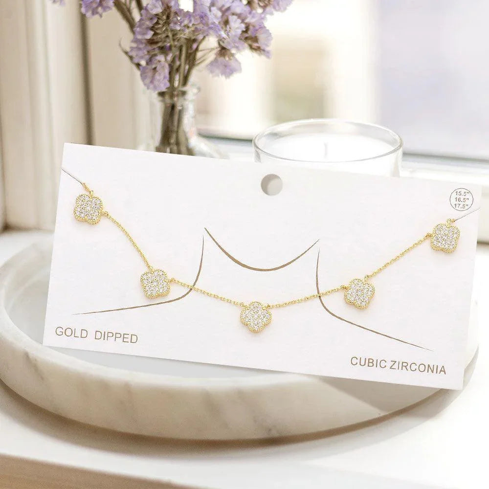 Gold Gold Dipped CZ Quatrefoil Pendant Station Necklace - Jewelry Store by Erik Rayo