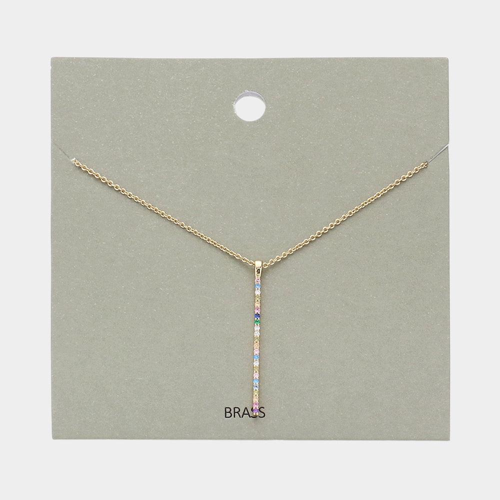 Brass Metal Rhinestone Embellished Bar Pendant Necklace - Jewelry Store by Erik Rayo