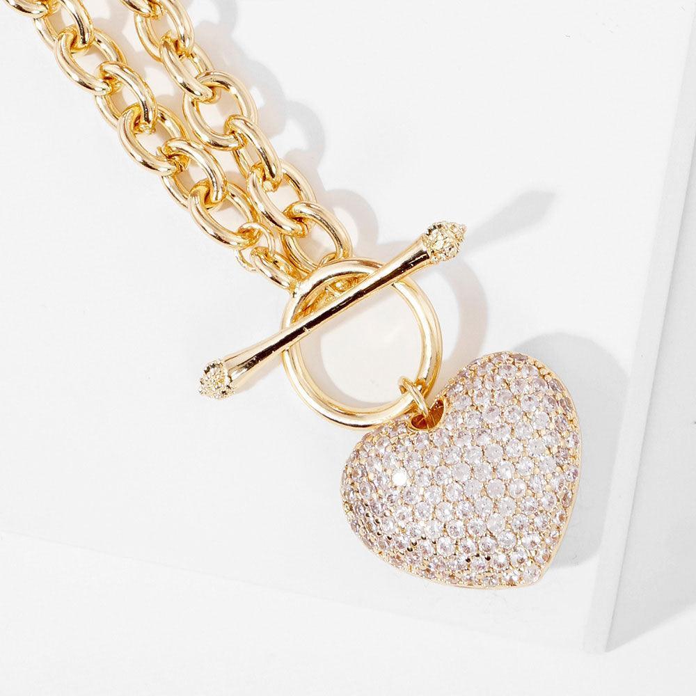 Gold Gold Dipped CZ Pave Heart Pendant Toggle Necklace - Jewelry Store by Erik Rayo